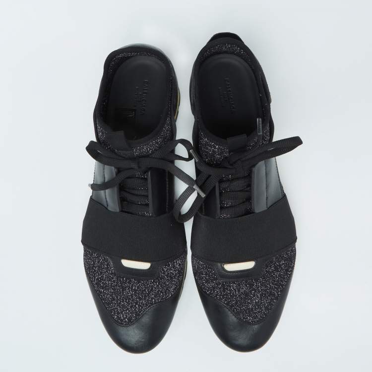 Pre Owned Balenciaga Black Leather And Knit Fabric Race Runner Sneakers Size 40