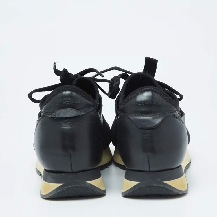 Pre Owned Balenciaga Black Leather And Knit Fabric Race Runner Sneakers Size 40
