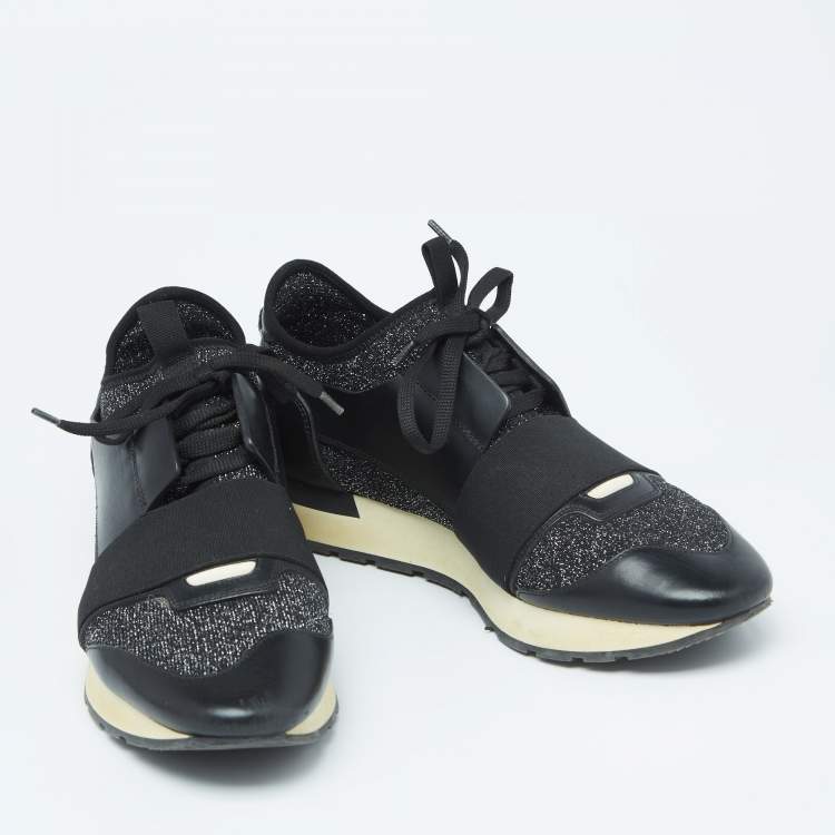 Pre Owned Balenciaga Black Leather And Knit Fabric Race Runner Sneakers Size 40