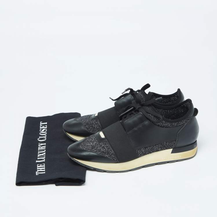 Pre Owned Balenciaga Black Leather And Knit Fabric Race Runner Sneakers Size 40
