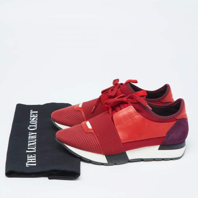 Pre Owned Balenciaga Red/Purple Mesh And Leather Race Runner  Sneakers Size 38