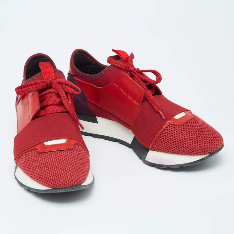 Pre Owned Balenciaga Red/Purple Mesh And Leather Race Runner  Sneakers Size 38