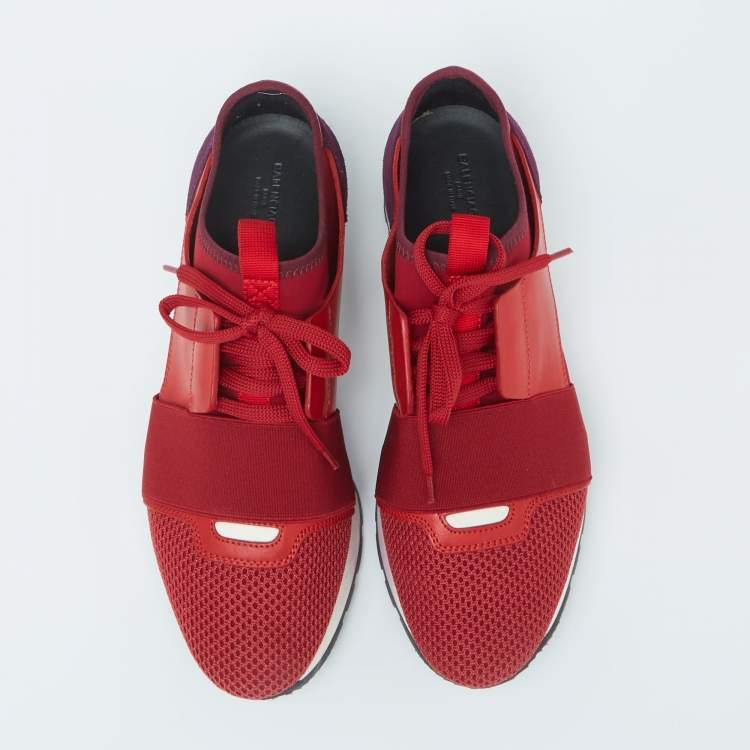 Pre Owned Balenciaga Red/Purple Mesh And Leather Race Runner  Sneakers Size 38