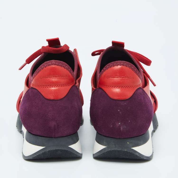 Pre Owned Balenciaga Red/Purple Mesh And Leather Race Runner  Sneakers Size 38