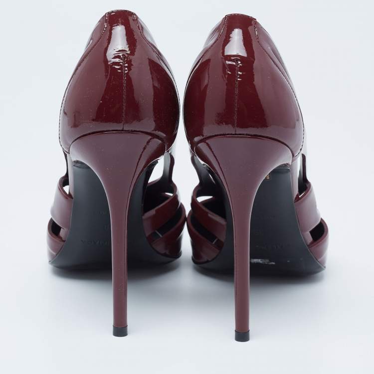 Pre Owned Balenciaga Dark Red Patent Leather Spider Laser Cut Pointed Toe Pumps Size 39
