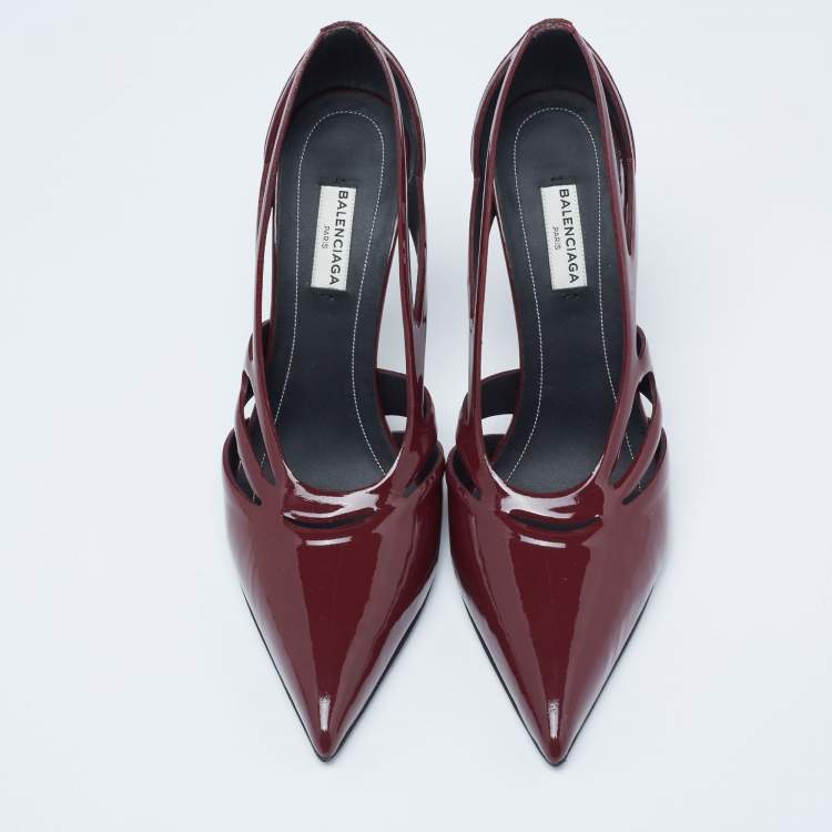 Pre Owned Balenciaga Dark Red Patent Leather Spider Laser Cut Pointed Toe Pumps Size 39
