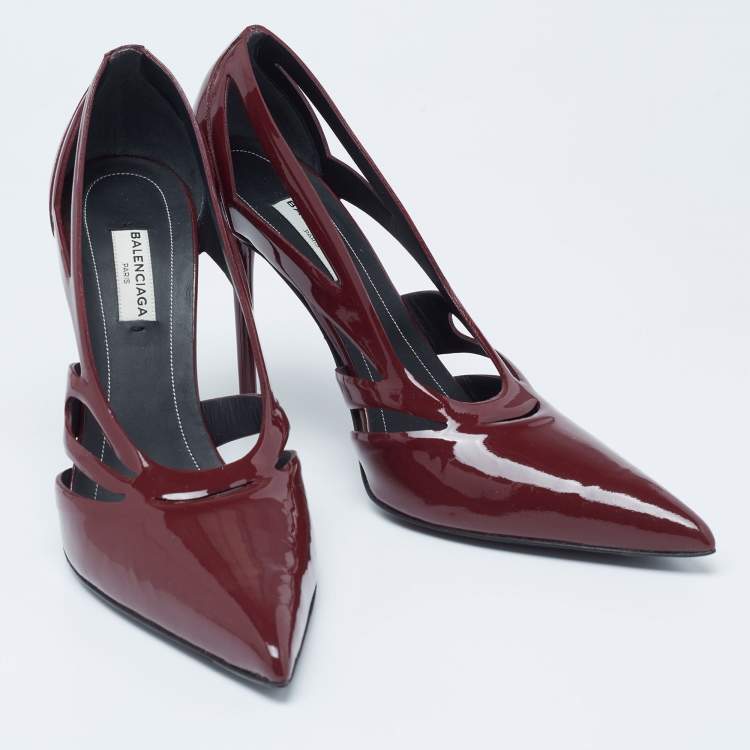 Pre Owned Balenciaga Dark Red Patent Leather Spider Laser Cut Pointed Toe Pumps Size 39