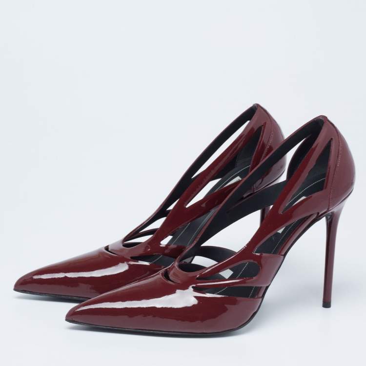 Pre Owned Balenciaga Dark Red Patent Leather Spider Laser Cut Pointed Toe Pumps Size 39