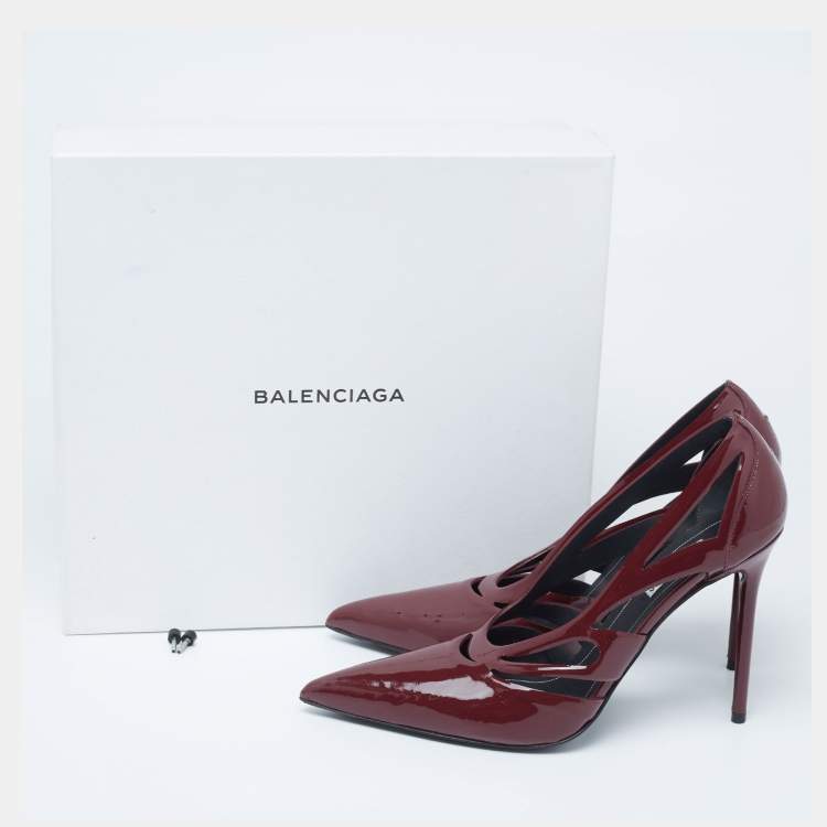 Pre Owned Balenciaga Dark Red Patent Leather Spider Laser Cut Pointed Toe Pumps Size 39