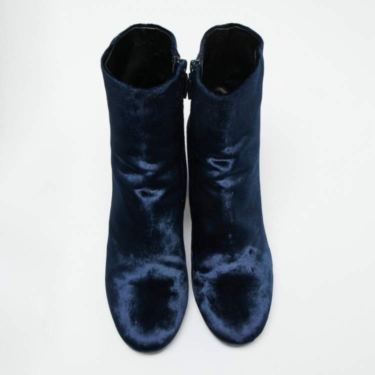 Pre Owned Balenciaga Navy Blue Velvet Ville Ankle Boots Size 38.5