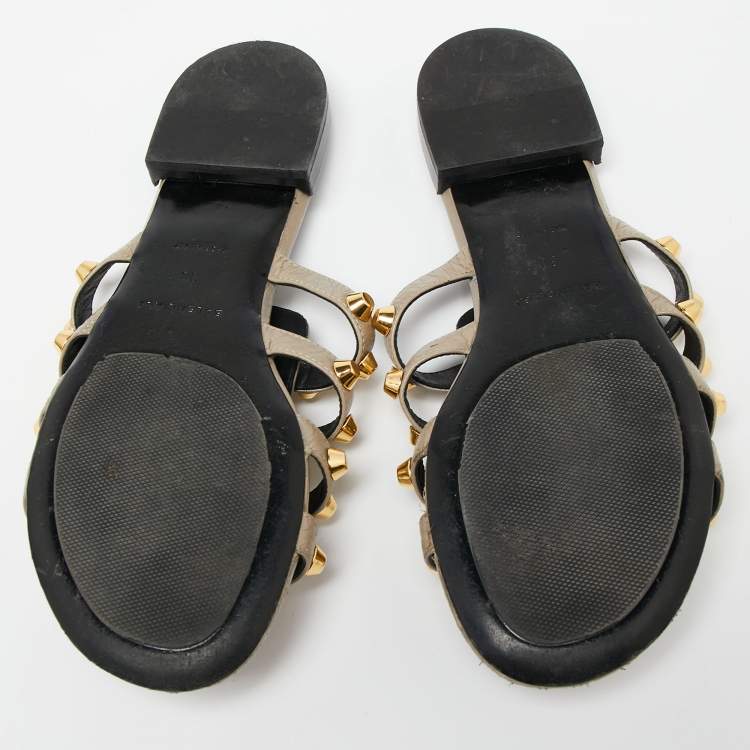 Pre Owned Balenciaga Grey Studded Textured Leather Flat Slides Size 38 