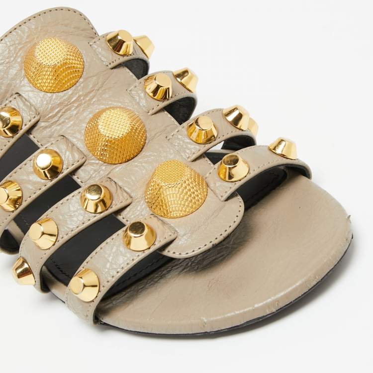 Pre Owned Balenciaga Grey Studded Textured Leather Flat Slides Size 38 