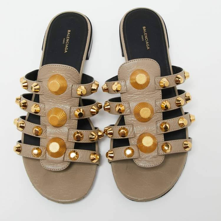 Pre Owned Balenciaga Grey Studded Textured Leather Flat Slides Size 38 