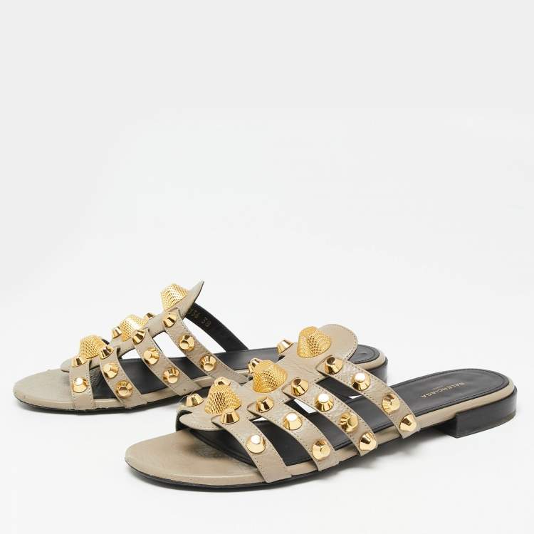 Pre Owned Balenciaga Grey Studded Textured Leather Flat Slides Size 38 