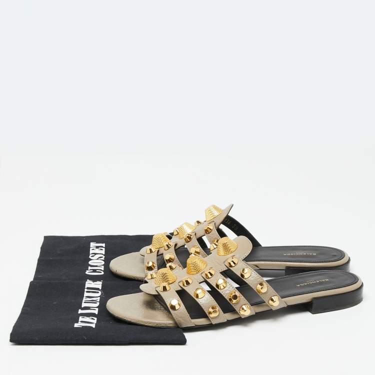 Pre Owned Balenciaga Grey Studded Textured Leather Flat Slides Size 38 