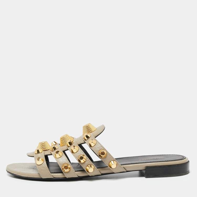 Pre Owned Balenciaga Grey Studded Textured Leather Flat Slides Size 38 