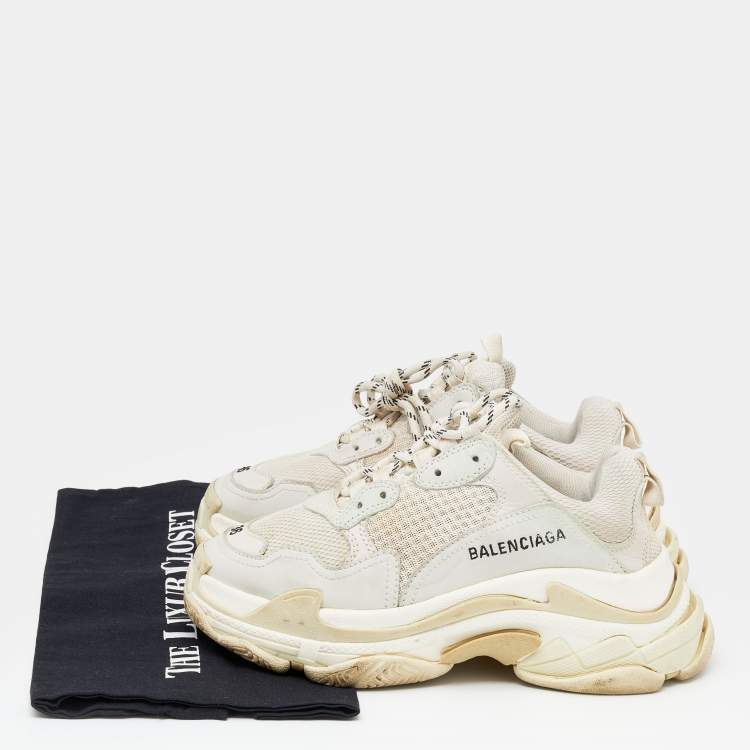 Pre Owned Balenciaga White/Grey Nubuck Leather And Mesh Triple S Sneakers Size 36