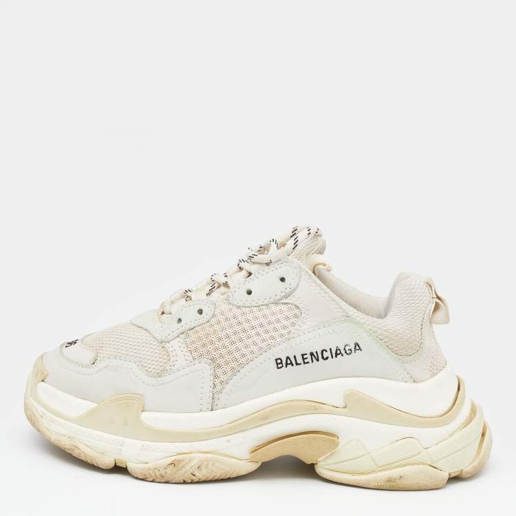 Pre Owned Balenciaga White/Grey Nubuck Leather And Mesh Triple S Sneakers Size 36