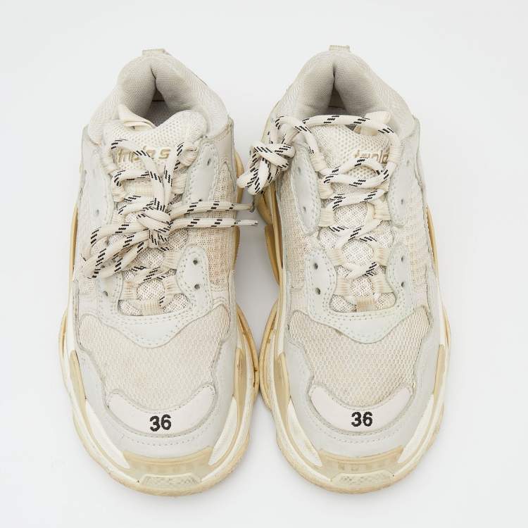 Pre Owned Balenciaga White/Grey Nubuck Leather And Mesh Triple S Sneakers Size 36