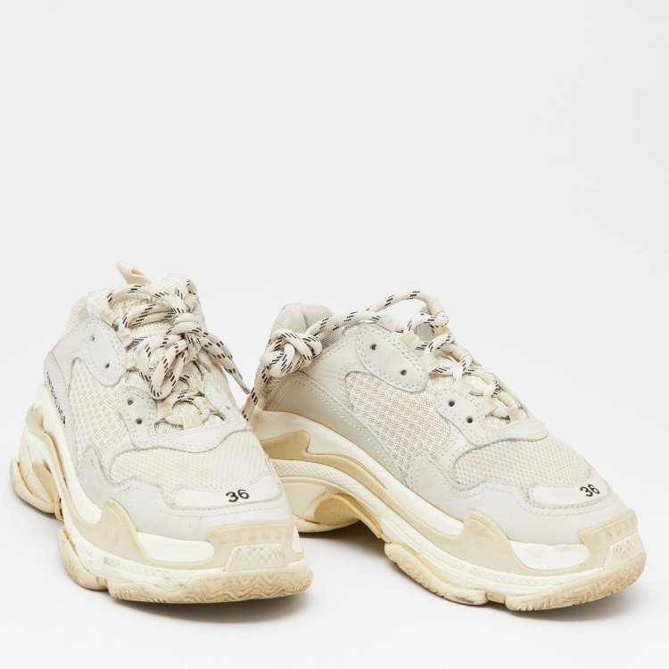 Pre Owned Balenciaga White/Grey Nubuck Leather And Mesh Triple S Sneakers Size 36