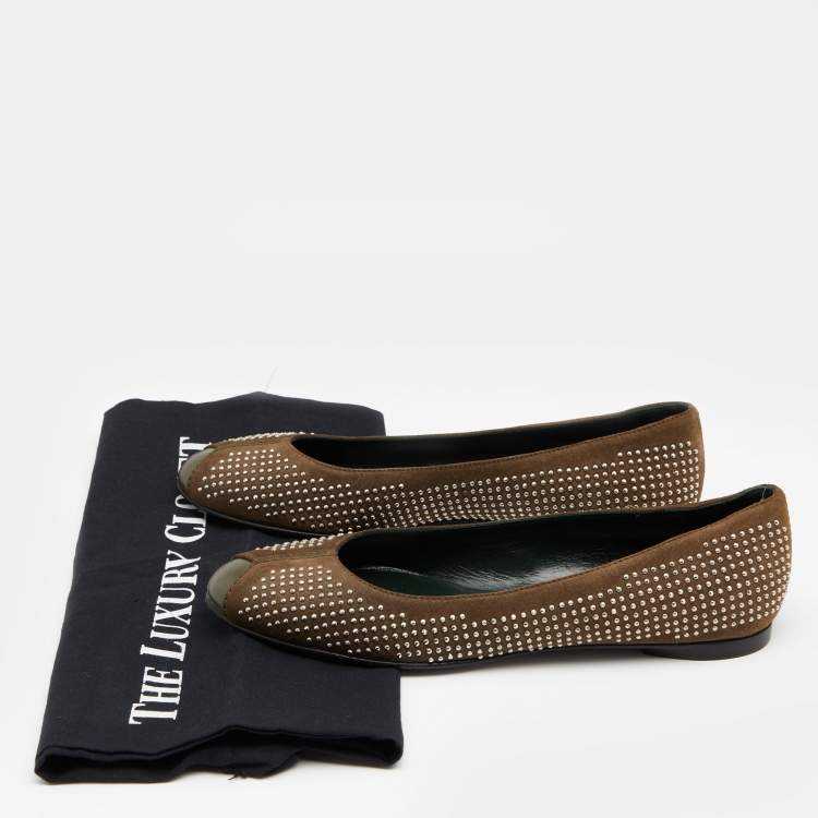Pre Owned Balenciaga Brown/Olive Green Suede and Leather Studded Ballet Flats Size 36