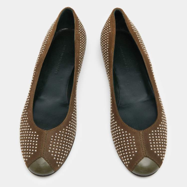Pre Owned Balenciaga Brown/Olive Green Suede and Leather Studded Ballet Flats Size 36