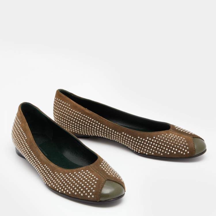 Pre Owned Balenciaga Brown/Olive Green Suede and Leather Studded Ballet Flats Size 36
