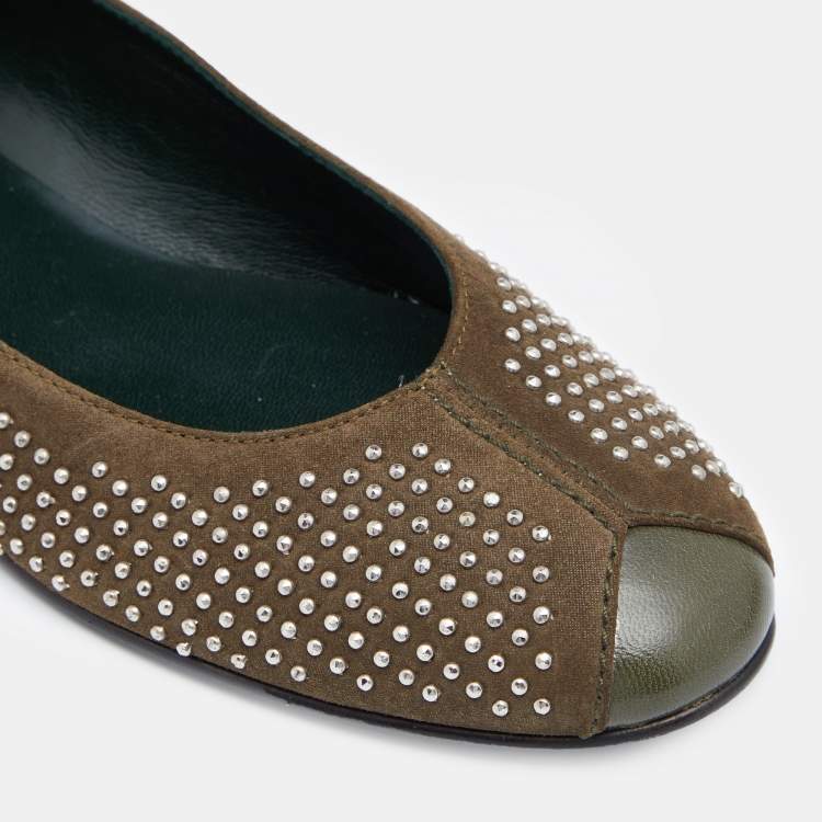 Pre Owned Balenciaga Brown/Olive Green Suede and Leather Studded Ballet Flats Size 36