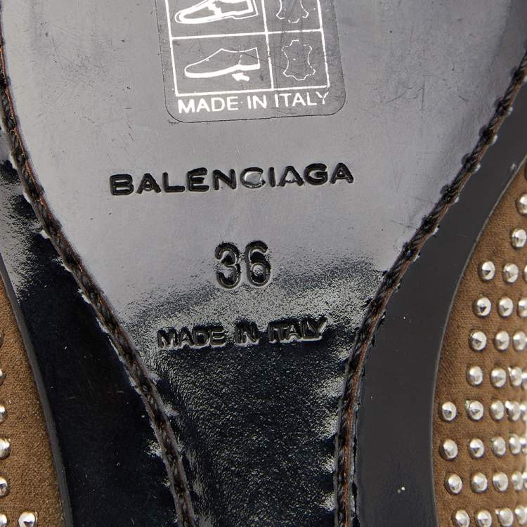 Pre Owned Balenciaga Brown/Olive Green Suede and Leather Studded Ballet Flats Size 36