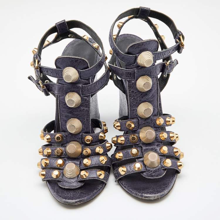مملوكة مسبقًا Balenciaga Navy Blue Leather Arena Studded Gladiator Wedge Sandals Size 40
