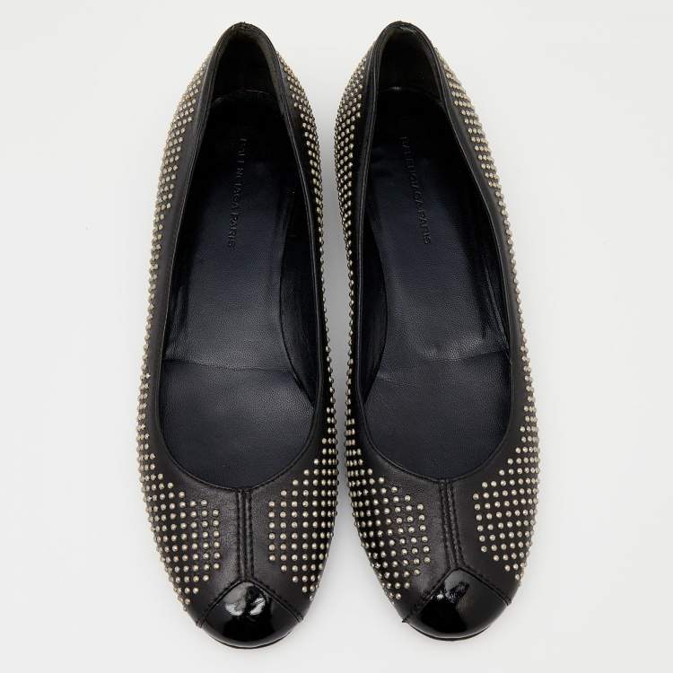 Pre Owned Balenciaga Black Leather Studded Ballet Flats Size 36