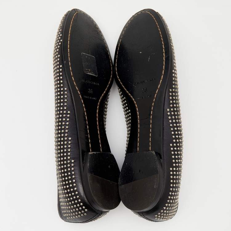 Pre Owned Balenciaga Black Leather Studded Ballet Flats Size 36