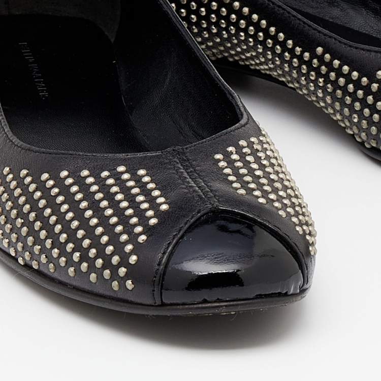 Pre Owned Balenciaga Black Leather Studded Ballet Flats Size 36