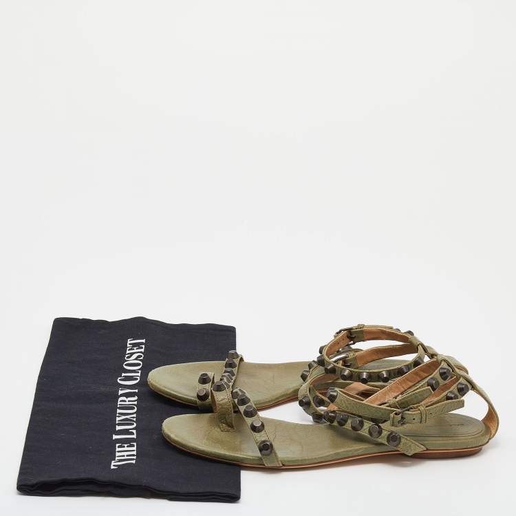 Pre Owned  Balenciaga Green Leather Studded Flat Strappy Sandals Size 39.5