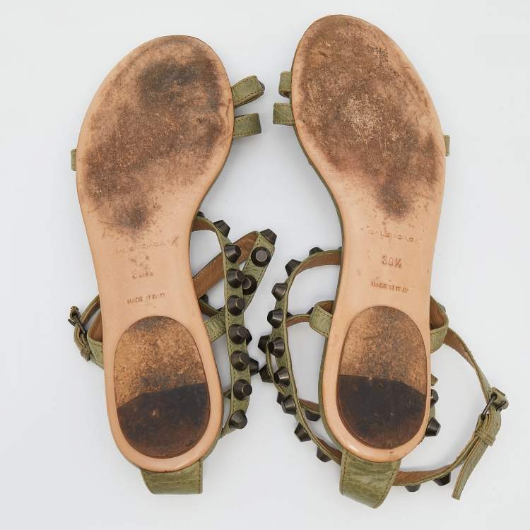 Pre Owned  Balenciaga Green Leather Studded Flat Strappy Sandals Size 39.5