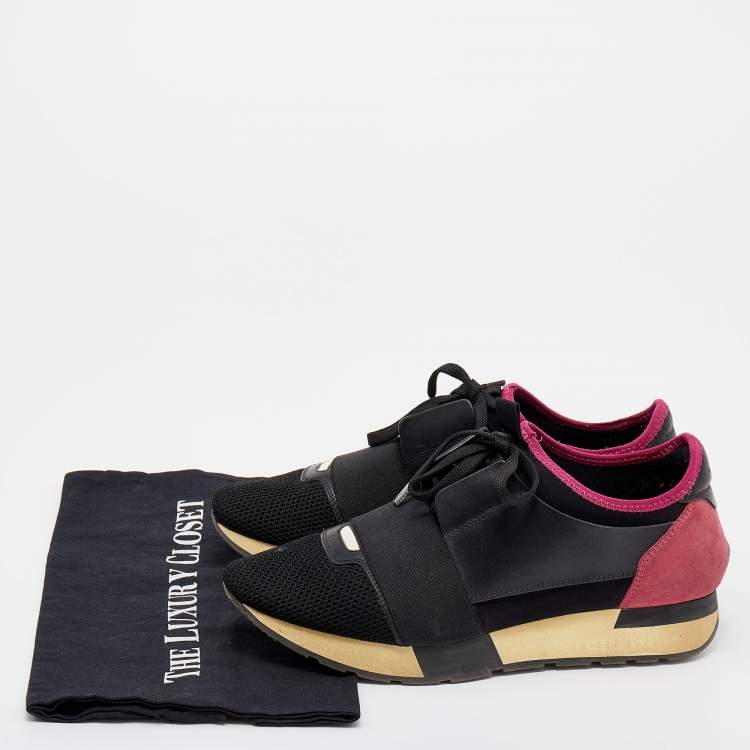 Pre Owned Balenciaga Black/Pink Leather And Suede Race Runner Sneakers Size 39