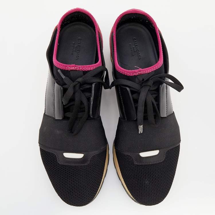 Pre Owned Balenciaga Black/Pink Leather And Suede Race Runner Sneakers Size 39