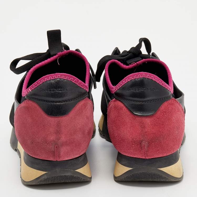 Pre Owned Balenciaga Black/Pink Leather And Suede Race Runner Sneakers Size 39