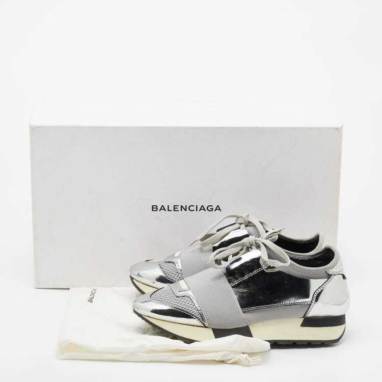 Pre Owned Balenciaga Silver/Grey Leather And Mesh Race Runner Low Top Sneakers Size 35