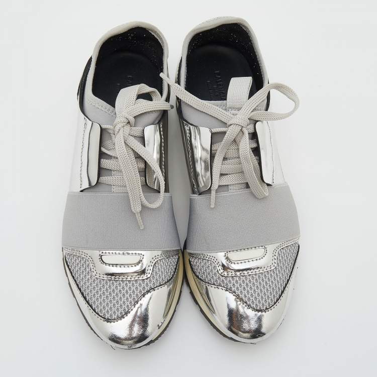 Pre Owned Balenciaga Silver/Grey Leather And Mesh Race Runner Low Top Sneakers Size 35