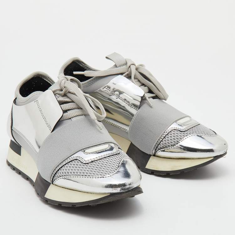 Pre Owned Balenciaga Silver/Grey Leather And Mesh Race Runner Low Top Sneakers Size 35