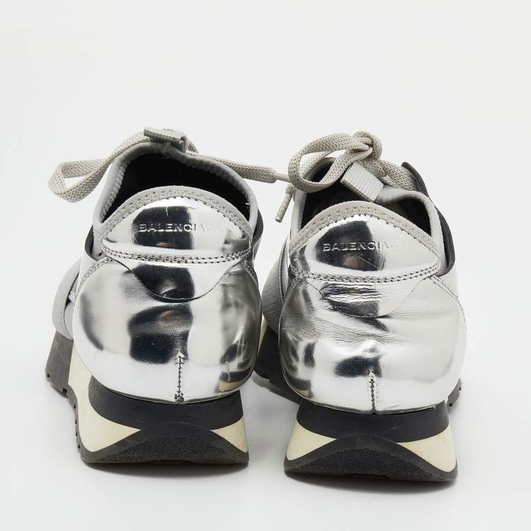 Pre Owned Balenciaga Silver/Grey Leather And Mesh Race Runner Low Top Sneakers Size 35