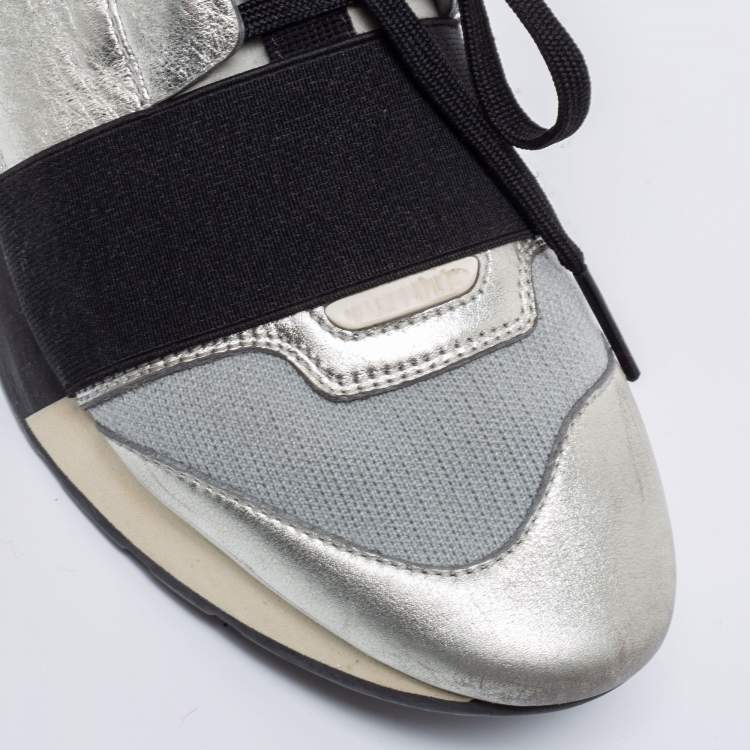 Pre Owned Balenciaga Silver/Grey Fabric And Leather Race Runner Sneakers Size 38
