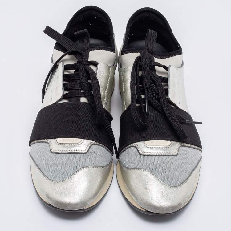 Pre Owned Balenciaga Silver/Grey Fabric And Leather Race Runner Sneakers Size 38
