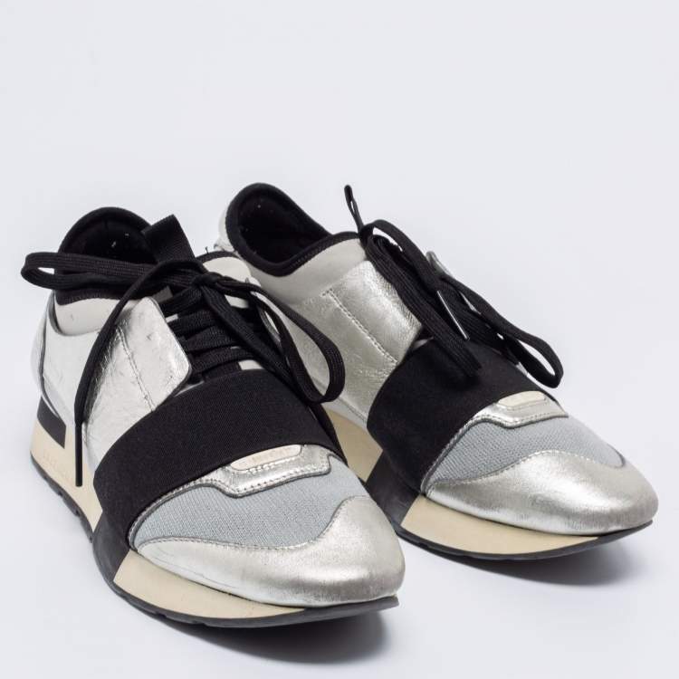Pre Owned Balenciaga Silver/Grey Fabric And Leather Race Runner Sneakers Size 38