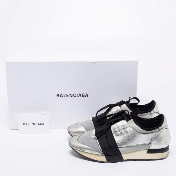 Pre Owned Balenciaga Silver/Grey Fabric And Leather Race Runner Sneakers Size 38
