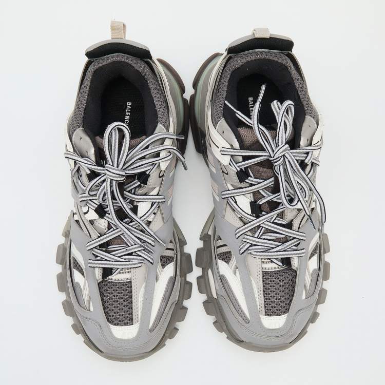 Pre Owned Balenciaga Grey/White Leather And Mesh Track Lace Up Sneakers Size 40