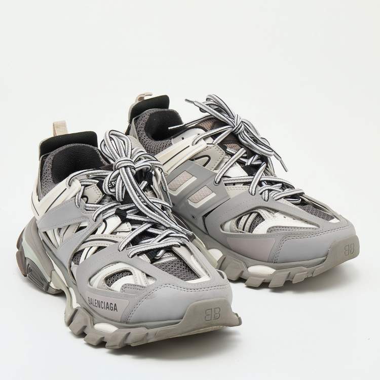 Pre Owned Balenciaga Grey/White Leather And Mesh Track Lace Up Sneakers Size 40