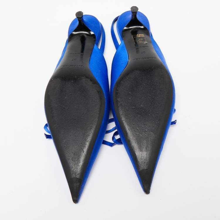 Pre Owned Balenciaga Blue Satin Bow Knife Slingback Sandals Size 37