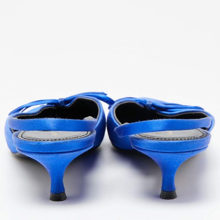 Pre Owned Balenciaga Blue Satin Bow Knife Slingback Sandals Size 37